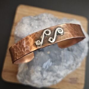 Handcrafted Solid Copper Cuff Bracelet Sterling Silver Swirl Detail Hammered